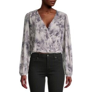 ASTR AT150818 Gray Printed Rib Top Tie Dye Faux Wrap Cropped SIZE MEDIUM